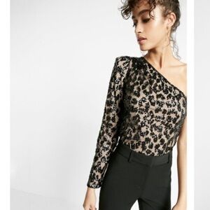 Express Black Lace One-Shoulder Top Blk Sequin, Sheer Over Nude NWT S Ret $69.90